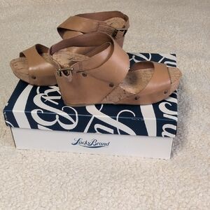 Lucky Brand Tan Leather Cork Platform Wedges with Ankle Buckle